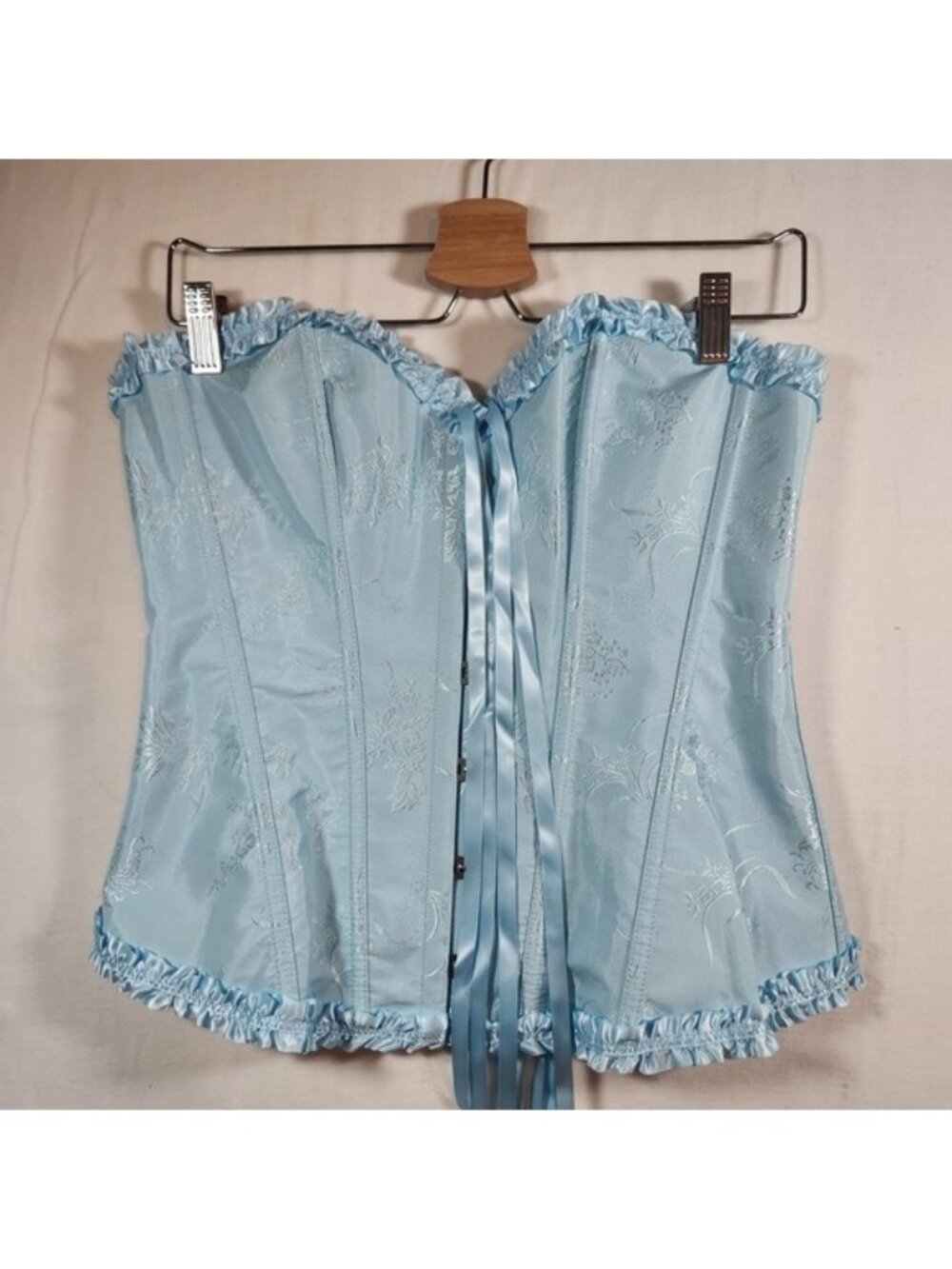 Light Blue Floral‎ Brocade Lace Up Boned Corset Top Ruffle Trim Strapless
